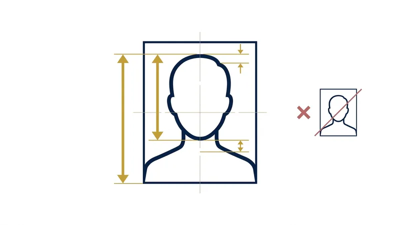 Diagram showing the correct head-height ratio inside a passport photo frame, with the required margins above the head and below the chin