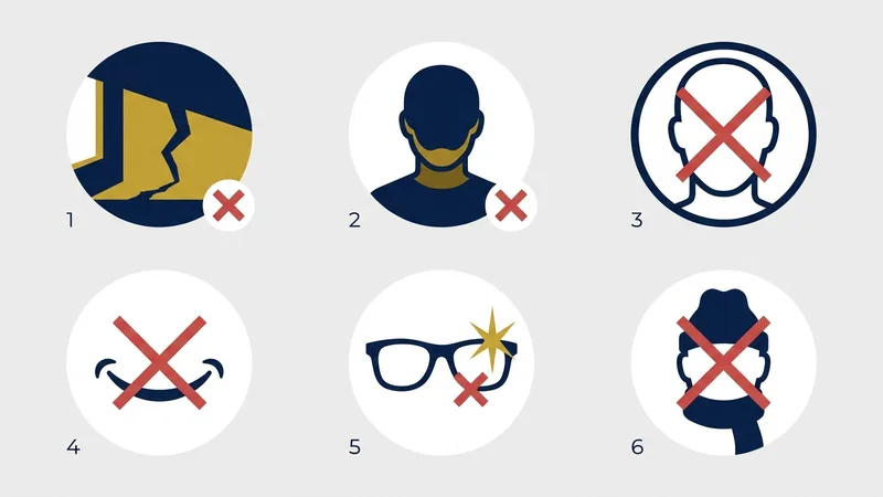 Infographic grid of the most common passport and visa photo rejection reasons: wrong background, shadows, glasses glare, smiling, off-centre head, and obstructions